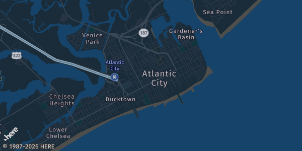 Map of Atlantic City, NJ. The exact address of Showboat Resort is not known, so the map shows the area rather than a specific building.