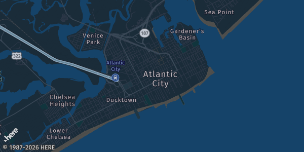 Map of Atlantic City, NJ. The exact address of Showboat Resort is not known, so the map shows the area rather than a specific building.