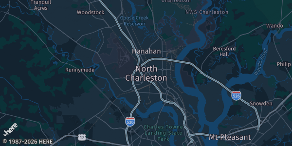 Map of North Charleston, SC. The exact address of this venue is not known, so the map shows the area rather than a specific building.