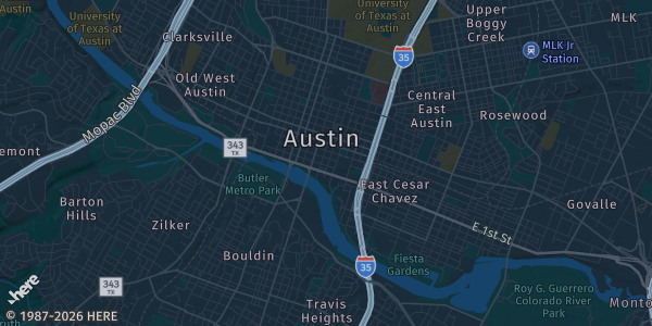 Map of Austin, TX. The exact address of Downtown Austin (Hilton Austin) is not known, so the map shows the area rather than a specific building.