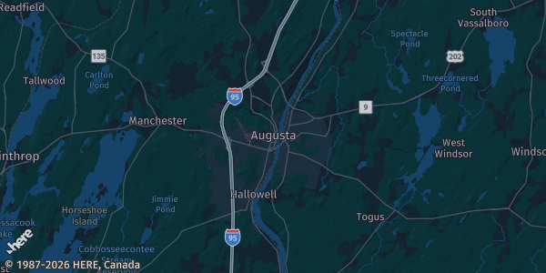 Map of Augusta, ME. The exact address of Augusta Elks Lodge is not known, so the map shows the area rather than a specific building.