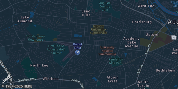 Map of Augusta, GA. The exact address of Hilton Doubletree Hotel is not known, so the map shows the area rather than a specific building.