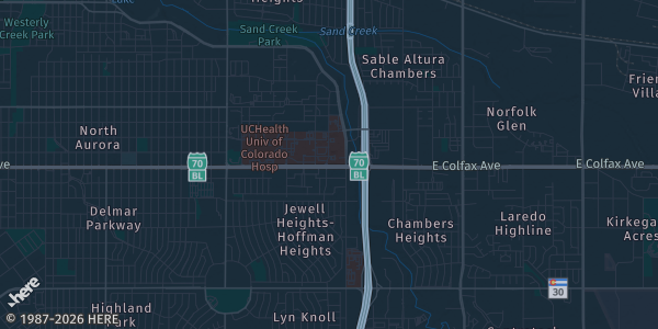 Map of Aurora, CO. The exact address of Aurora Expo Recreation Center is not known, so the map shows the area rather than a specific building.
