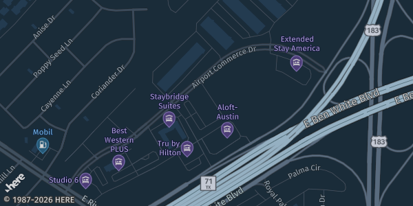 Map showing Hilton Garden Inn Austin Airport in Austin, TX.