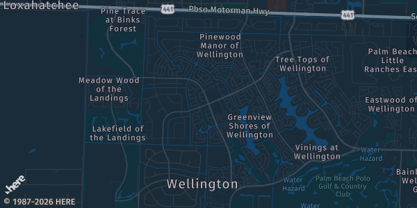 Map of Wellington, FL. The exact address of Wellington Community Center is not known, so the map shows the area rather than a specific building.