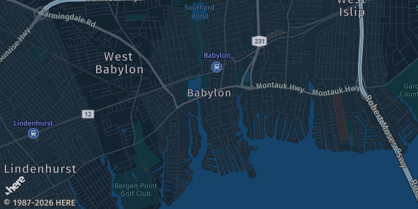 Map of Babylon, NY. The exact address of American Legion Post 94 is not known, so the map shows the area rather than a specific building.