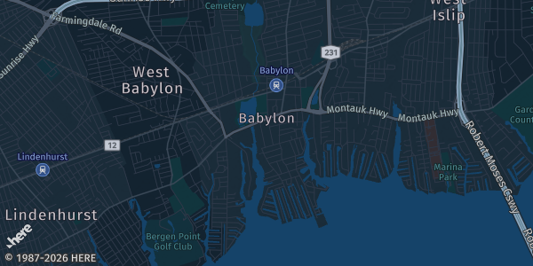 Map of Babylon, NY. The exact address of American Legion Post 94 is not known, so the map shows the area rather than a specific building.