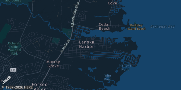 Map of Lanoka Harbor, NJ. The exact address of Lacey Township Highschool is not known, so the map shows the area rather than a specific building.