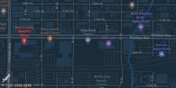 Map showing Dignity Health Convention Center in Bakersfield, CA.