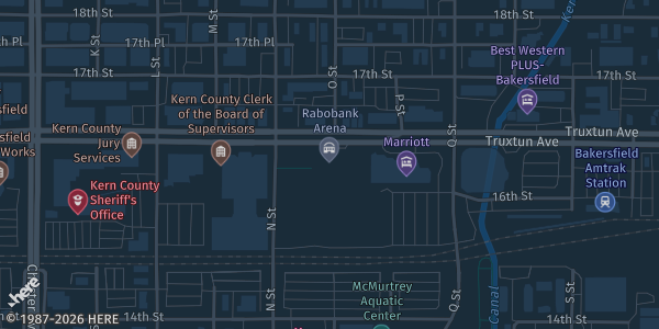 Map showing Dignity Health Convention Center in Bakersfield, CA.