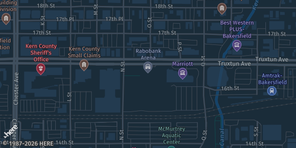 Map showing Dignity Health Convention Center in Bakersfield, CA.