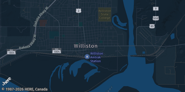 Map of Williston, ND. The exact address of Raymond Family Community Center is not known, so the map shows the area rather than a specific building.