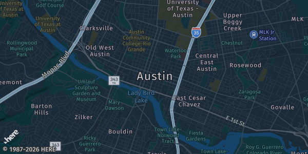 Map of Austin, TX. The exact address of Kenny's Collectibles is not known, so the map shows the area rather than a specific building.