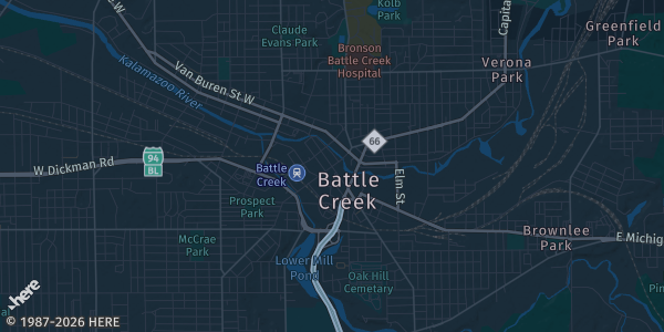 Map of Battle Creek, MI. The exact address of Lakeview Square Mall is not known, so the map shows the area rather than a specific building.