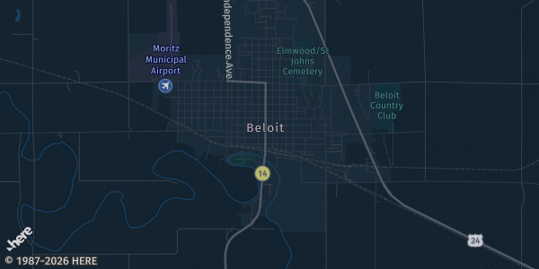 Map of Beloit, KS. The exact address of Beloit Fairgrounds Building is not known, so the map shows the area rather than a specific building.