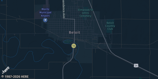 Map of Beloit, KS. The exact address of Mitchell County Kansas Fairgrounds is not known, so the map shows the area rather than a specific building.