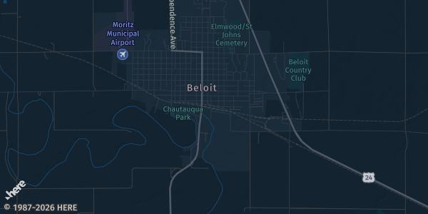 Map of Beloit, KS. The exact address of Mitchell County Kansas Fairgrounds is not known, so the map shows the area rather than a specific building.