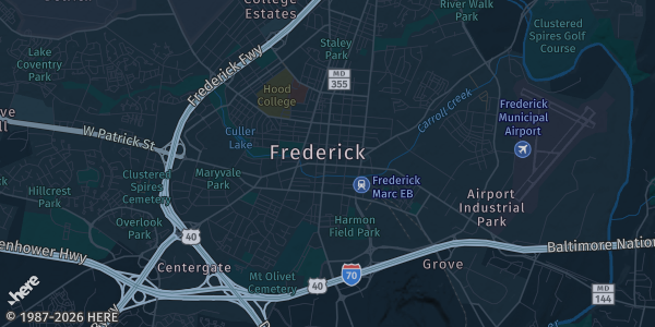 Map of Frederick, MD. The exact address of Frederick Event Center is not known, so the map shows the area rather than a specific building.