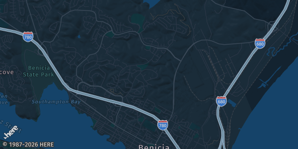 Map of Benicia, CA. The exact address of Benicia Veterans Memorial Hall, 1150 First St is not known, so the map shows the area rather than a specific building.