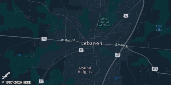 Map of Lebanon, OH. The exact address of Miami Valley Gaming (kids welcome) is not known, so the map shows the area rather than a specific building.
