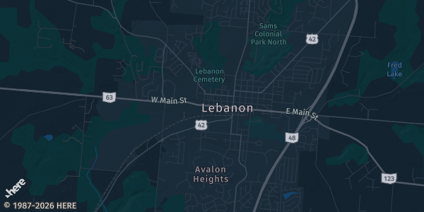 Map of Lebanon, OH. The exact address of Miami Valley Gaming (kids welcome) is not known, so the map shows the area rather than a specific building.