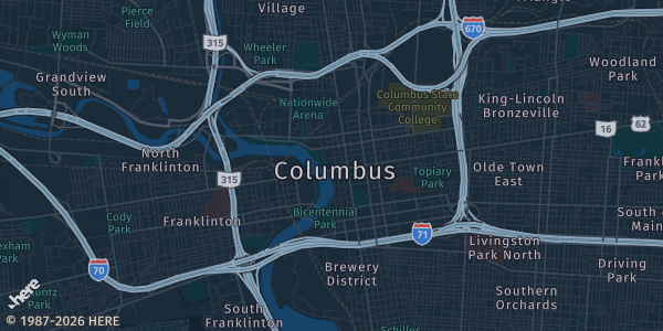 Map of Columbus, OH. The exact address of Stars Indoor Sports is not known, so the map shows the area rather than a specific building.