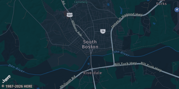 Map of South Boston, VA. The exact address of Berry Hill Resort is not known, so the map shows the area rather than a specific building.