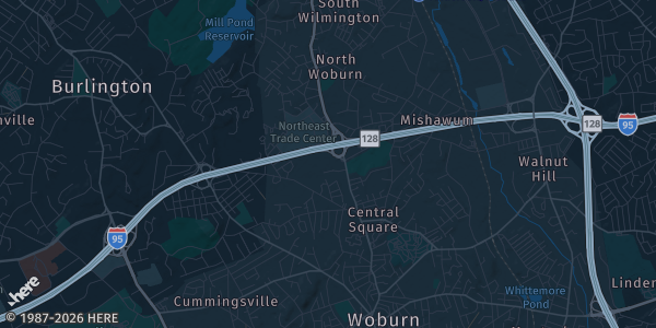 Map of Woburn, MA. The exact address of Crowne Plaza Woburn Hotel is not known, so the map shows the area rather than a specific building.