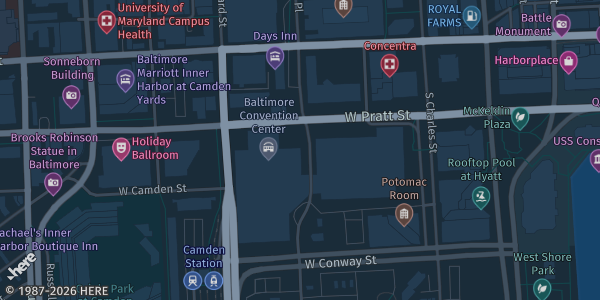 Map showing Baltimore Convention Center in Baltimore, MD.