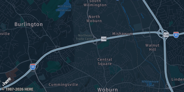 Map of Woburn, MA. The exact address of Crowne Plaza Woburn Hotel is not known, so the map shows the area rather than a specific building.