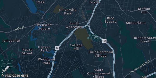 Map of Worcester, MA. The exact address of Hogan Campus Center, College of the Holy Cross is not known, so the map shows the area rather than a specific building.