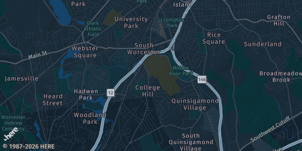 Map of Worcester, MA. The exact address of Hogan Campus Center, College of the Holy Cross is not known, so the map shows the area rather than a specific building.