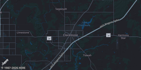 Map of Claremore, OK. The exact address of Will Rogers Downs Event Center is not known, so the map shows the area rather than a specific building.