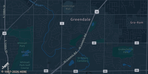 Map of Southway Greendale, WI. The exact address of BIG DOG's Trading Cards & Collectibles Show is not known, so the map shows the area rather than a specific building.