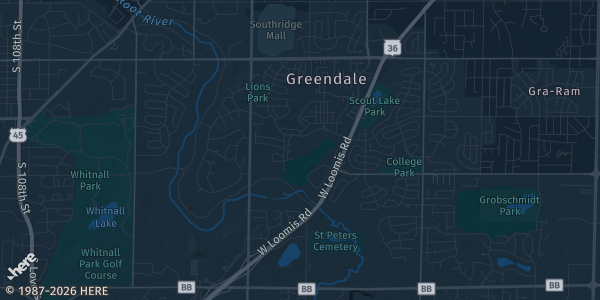 Map of Southway Greendale, WI. The exact address of BIG DOG's Trading Cards & Collectibles Show is not known, so the map shows the area rather than a specific building.