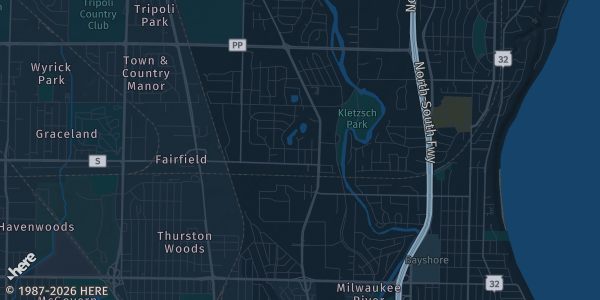 Map of Glendale, WI. The exact address of Greendale High School is not known, so the map shows the area rather than a specific building.