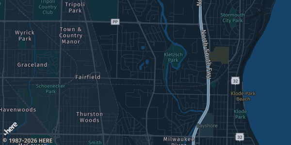 Map of Glendale, WI. The exact address of Greendale High School is not known, so the map shows the area rather than a specific building.