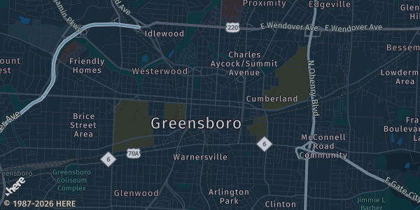 Map of Greensboro, NC. The exact address of Big Lick Comic Con is not known, so the map shows the area rather than a specific building.