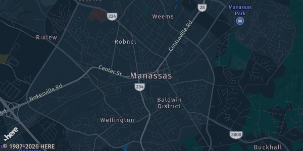 Map of Manassas, VA. The exact address of Big Lick Comic Con: NOVA is not known, so the map shows the area rather than a specific building.