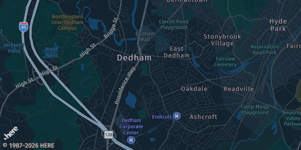 Map of Dedham, MA. The exact address of Holiday Inn is not known, so the map shows the area rather than a specific building.