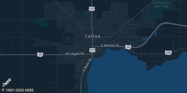 Map of Celina, OH. The exact address of Mercer County Fairgrounds is not known, so the map shows the area rather than a specific building.