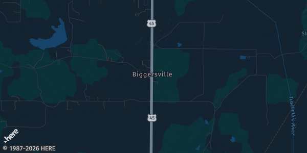 Map of Biggersville, MS. The exact address of Biggersville High School is not known, so the map shows the area rather than a specific building.