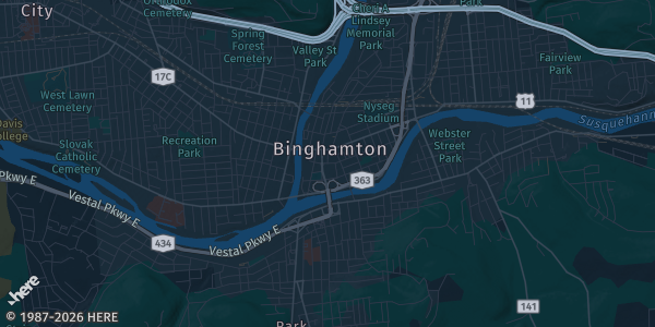 Map of Binghamton, NY. The exact address of Binghamton Anime & Nerd Convention is not known, so the map shows the area rather than a specific building.