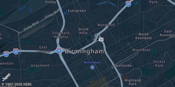 Map of Birmingham, AL. The exact address of Birmingham Trading Card Fest is not known, so the map shows the area rather than a specific building.