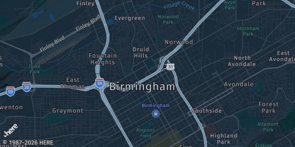 Map of Birmingham, AL. The exact address of Birmingham Trading Card Fest is not known, so the map shows the area rather than a specific building.