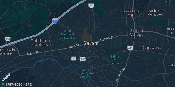 Map of Salem, VA. The exact address of American Legion is not known, so the map shows the area rather than a specific building.