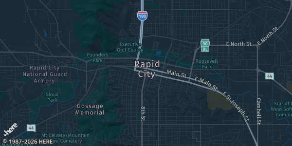Map of Rapid City, SD. The exact address of Black Hills Card Show is not known, so the map shows the area rather than a specific building.