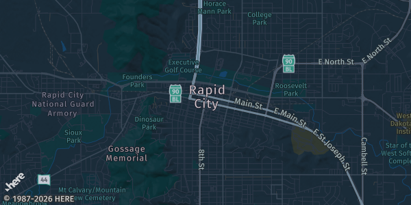 Map of Rapid City, SD. The exact address of Monument Barnett Fieldhouse is not known, so the map shows the area rather than a specific building.