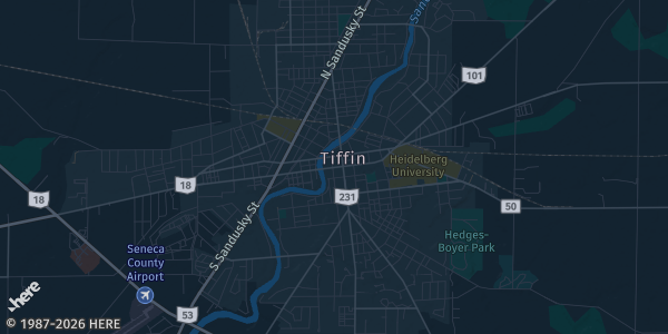 Map of Tiffin, OH. The exact address of Tiffin Moose Lodge #84 is not known, so the map shows the area rather than a specific building.
