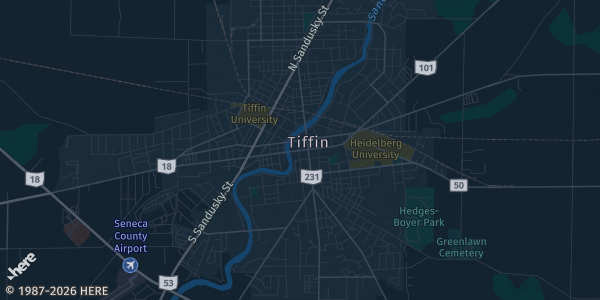 Map of Tiffin, OH. The exact address of Tiffin Moose Lodge #84 is not known, so the map shows the area rather than a specific building.
